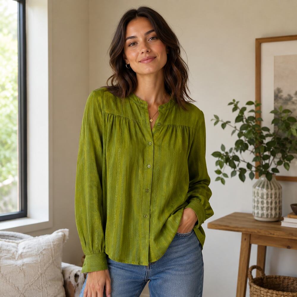 Harper green long sleeve linen blend button front shirt Small classic casual
